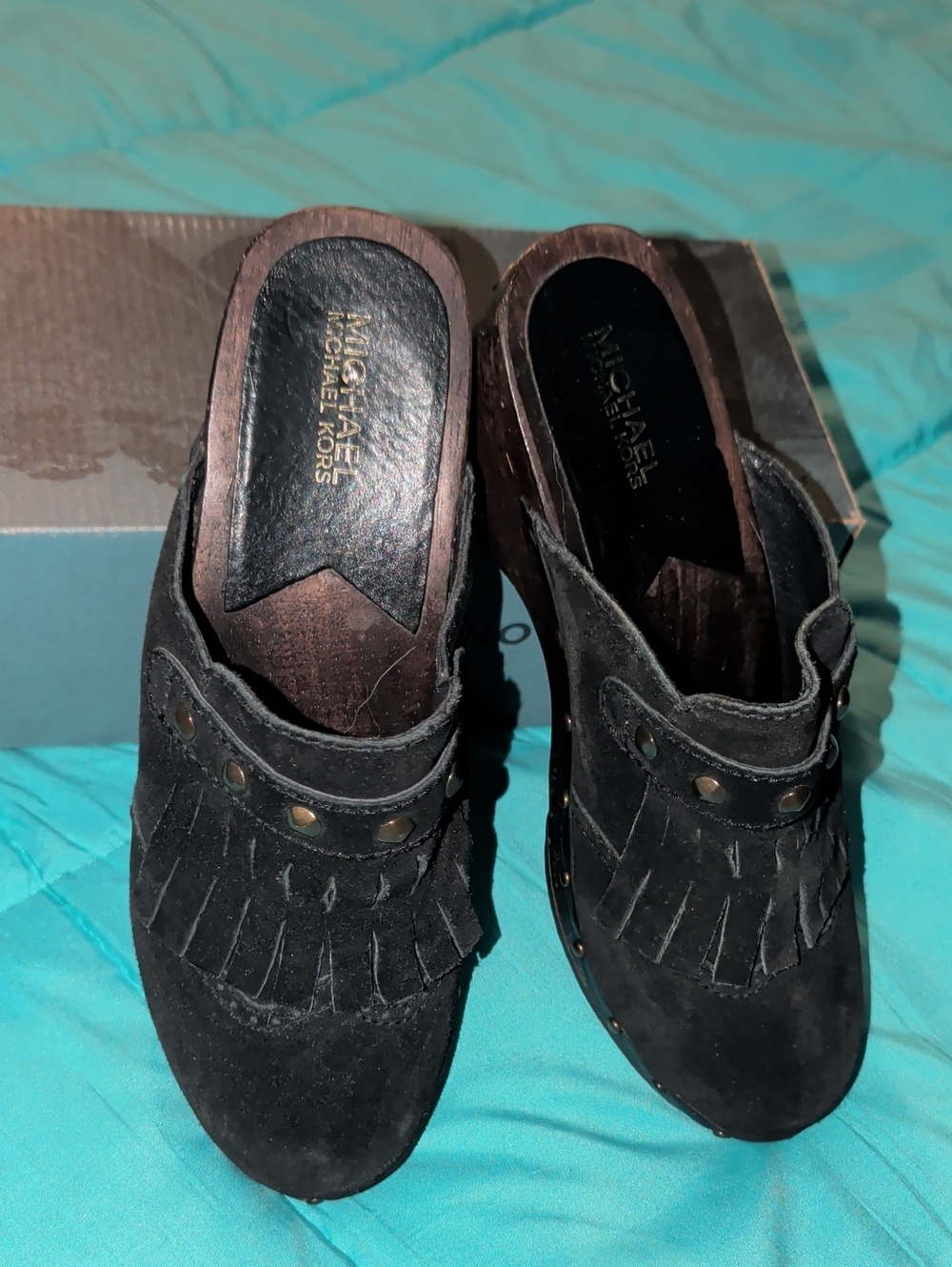 Michael Kors Black Suede Fringe Stud Mule Clogs
